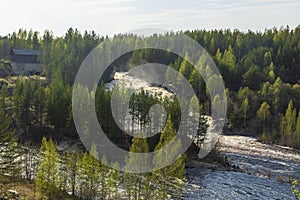 Water of forest waterfall of river crashes on the rocks in summer