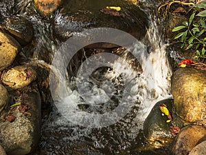 water in the form of a waterfall between stones