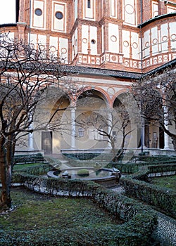 Water fountain in the center of the cloister of Santa Maria delle Grazie, Milan, Italy