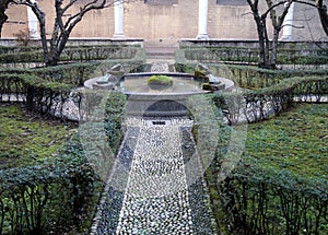 Water fountain in the center of the cloister of Santa Maria delle Grazie, Milan, Italy