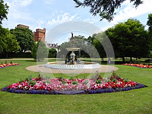 Water fountain and flower beds