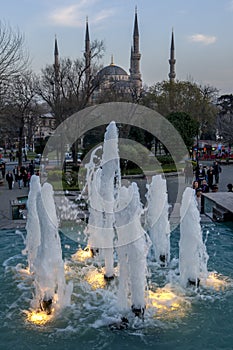 A water fountain flows in Sultanahmet Park in Istanbul in Turkey.