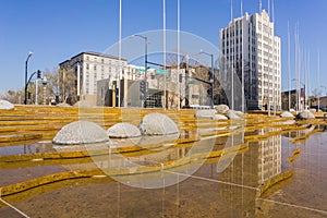 The water fountain in front of the modern City Hall building of San JosÃ©, Silicon Valley, California