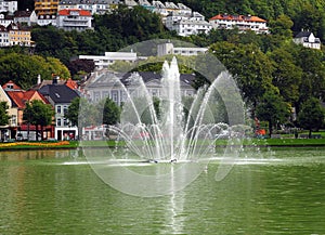 Water Fountain In The Lille Lungegardsvannet Lake In Bergen