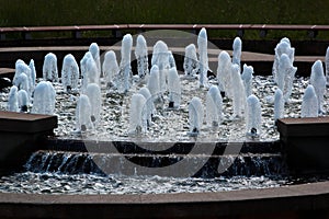 Water fountain in a park at summertime, sprinklers and sprayers in a pool