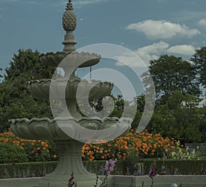 Water Fountain Stands in Front Of Marigold Bed