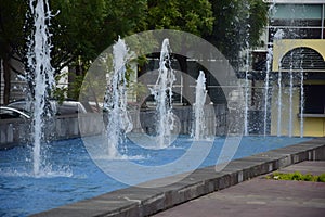 Water fountains in a public space near an area of the pier boardwalk in Guayaquil