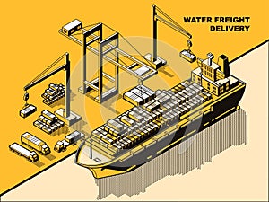 Water freight delivery, yellow isometric line art