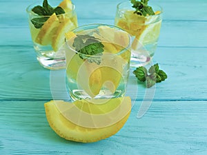 Water fresh lemon, mint homemade blue wooden background summer drink