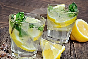 Water with fresh lemon and mint on wood background