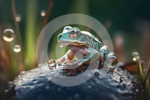 Water frog also known Eropean frog in nature, water drops, earth day