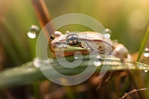 Water frog also known Eropean frog in nature, water drops, earth day