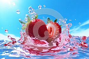 water fruit food blue strawberry splash healthy red freshness background fresh. Generative AI.