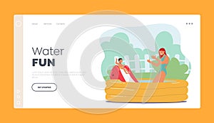 Water Fun Landing Page Template. Happy Family Characters Mother and Little Son Playing in Outdoor Swimming Pool
