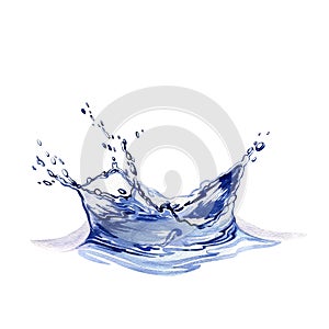 Water funnel with water splash, drops isolated on white background. Watercolor handrawing illustration. Art for design