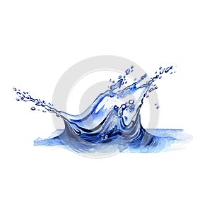 Water funnel with water splash, drops isolated on white background. Watercolor handrawing illustration. Art for design