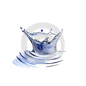 Water funnel with water splashing isolated on white background. Watercolor handrawing illustration. Original art design