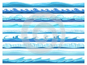 Water game seamless. Ice ocean sea or river layers parallax ready surface vector ui collection for games