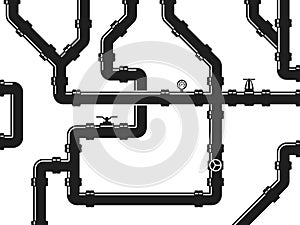 Water or gas pipeline, plumbing with valves and pipe fittings. Abstract industrial vector background