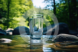 water in glass against the source in the forest