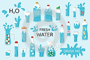 Water in glass. Drink bottle. Cute line drops. Funny day. Save clean Earth. Recycle containers. Fresh aqua. Refreshing