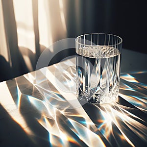 Water glass with refraction light and holographic effect on dark background