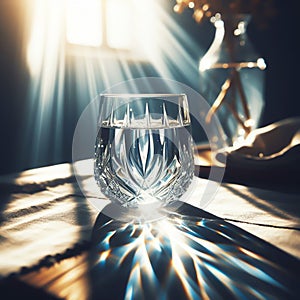 Water glass with refraction light and holographic effect on dark background