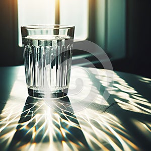 Water glass with refraction light and holographic effect on dark background