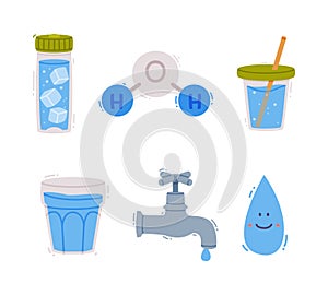 Water in Glass and Tap with Pure Liquid Vector Illustration Set