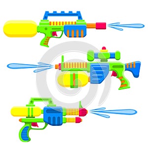 Water guns set. Bright multi-colored children s toys. Isolated objects. Flat vector illustration on white background.