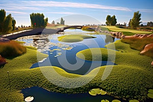 water hazard on a challenging golf course with lily pads