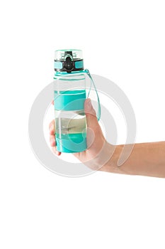 Water for health. Eco and zero waste lifestyle. Refillable bottle. Hand hold water bottle or sport drink white