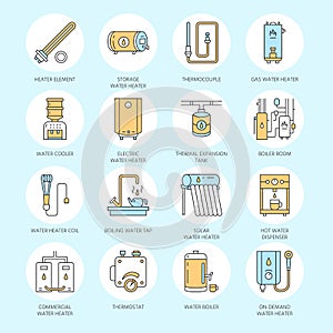 Water heater, boiler, thermostat, electric, gas, solar heaters and other house heating equipment line icons. Thin linear