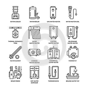 Water heater, boiler, thermostat, electric, gas, solar heaters and other house heating equipment line icons. Thin linear