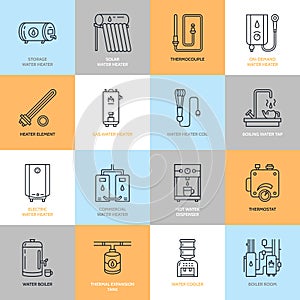 Water heater, boiler, thermostat, electric, gas, solar heaters and other house heating equipment line icons. Thin linear