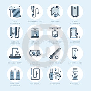 Water heater, boiler, thermostat, electric, gas, solar heaters and other house heating equipment line icons. Thin linear