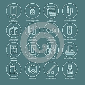 Water heater, boiler, thermostat, electric, gas, solar heaters and other house heating equipment line icons. Thin linear photo