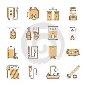 Water heater, boiler, thermostat, electric, gas, solar heaters and other house heating equipment line icons. Thin linear photo