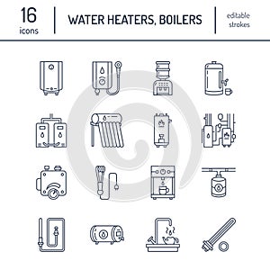 Water heater, boiler, thermostat, electric, gas, solar heaters and other house heating equipment line icons. Thin linear photo