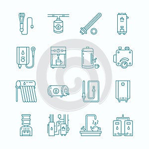 Water heater, boiler, thermostat, electric, gas, solar heaters and other house heating equipment line icons. Thin linear photo