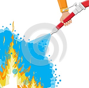 Water hose in hand to extinguish the fire.