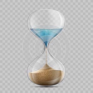 Water in hourglass becomes a sand. Sandglass isolated on transpa photo