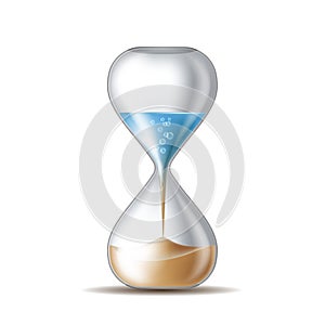 Water in hourglass becomes a sand. Sandglass isolated on white background.