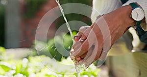 Water, hydration and a mother washing hands with a child outdoor in the garden for hygiene, self care or sustainability