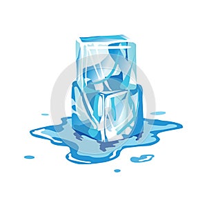 Water ice cube icon. Frozen melting water particles. Set of translucent ice cubes in blue colors. Realistic blue solid