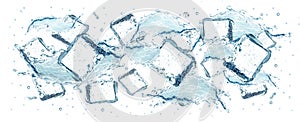 Water and ice cubes splash
