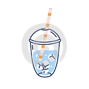 Water with ice cubes, straw in takeaway plastic glass with lid. Clean cold fresh aqua in lineart take-away cup