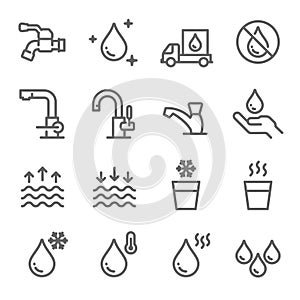 Water Icon Set. Contains such Icons as Tap, Faucet, Hot Water, No Water, Delivery and more. Expanded Stroke