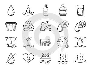 Water icon set. Included icons as water drop, moisture, liquid, bottle, litter and more.
