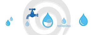 Water icons set. Faucet, drop shape, oil drop, water drops, rain. Water or oil drop. Flat style Isolated on white background